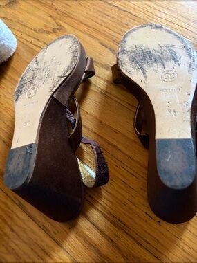 CHANEL Brown Suede Block Heel Sandals